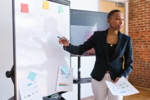a woman presenting a pitch deck